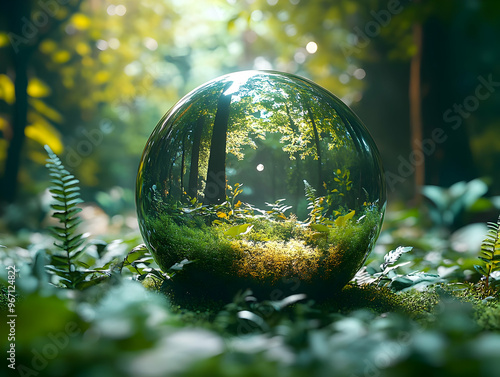 Forest Reflection in a Crystal Ball: Nature, Green, Trees, Moss, Sunlight, Sphere, Environment, Reflection, Glass, Woods, Ferns, Ecosystem, Magic, Tranquility, Wilderness photo