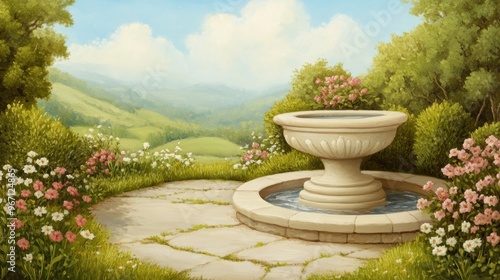 A painting of a fountain in the middle of flowers, AI