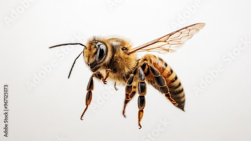 A honey bee flying isolated against a clean white background photo