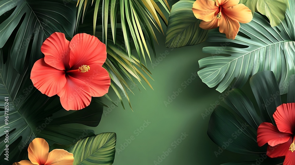 Tropical Flowers and Leaves on Blue Background Tropical Flowers and Leaves on Blue Background