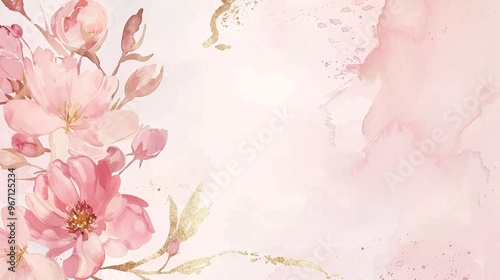 99. Elegant wedding invitation vector with a pink floral watercolor texture, gold sparkle details, and a refined gold border, ideal for a sophisticated spring event