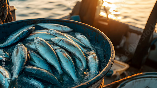 Fresh fish lying in a large bucket of seawater on the deck of a fishing boat photo