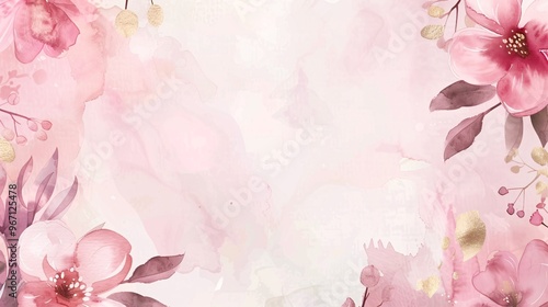 103. Luxury wedding invitation card background vector. Elegant watercolor texture in pink flower, leaf, gold border. Spring floral design illustration for wedding and VIP cover template, banner,