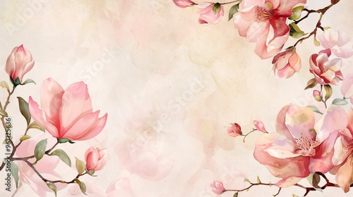 105. Exquisite wedding invitation card background with a sophisticated watercolor texture of pink flowers and leaves, framed by a gold border, ideal for creating luxurious spring-themed wedding and