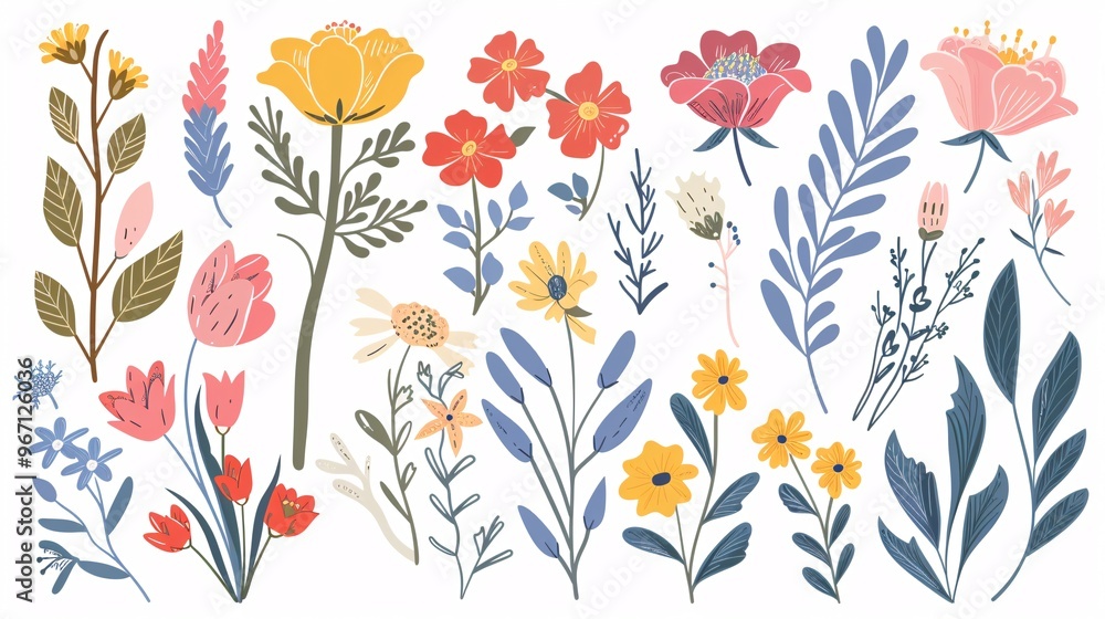 111. Detailed set of spring floral elements in vector format, showcasing colorful wildflowers, leaf branches, and lush foliage on a white background, ideal for decorative hand-drawn illustrations, 111. Detailed set of spring floral elements in vector format, showcasing colorful wildflowers, leaf branches, and lush foliage on a white background, ideal for decorative hand-drawn illustrations,