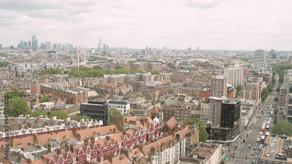 London pan up from busy street to reveal London skyline London pan up from busy street to reveal London skyline