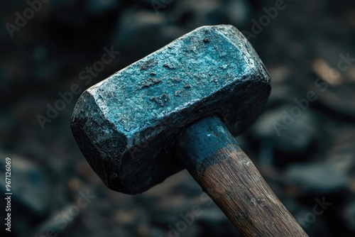 Close-up of a Weathered Metal Hammer Head with a Wooden Handle