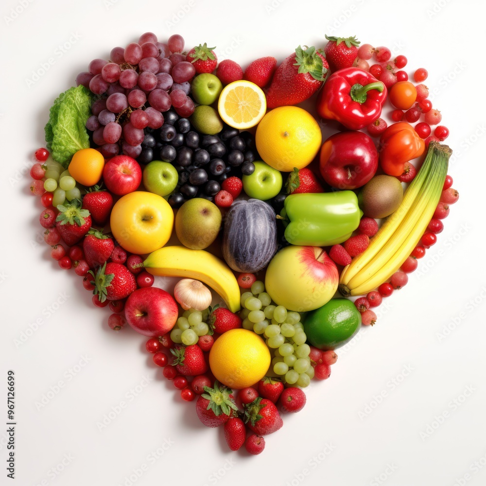 Heart-Shaped Arrangement of Fresh Fruits and Vegetables Heart-Shaped Arrangement of Fresh Fruits and Vegetables