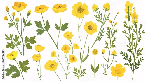 124. Detailed set of buttercup floral vectors, capturing the bright yellow petals and green foliage in multiple illustrations, suitable for design, print, and decor