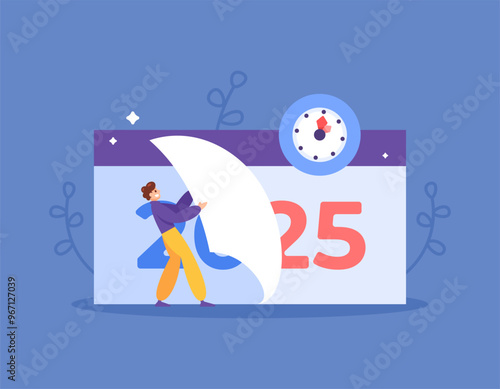 concept of changing year 2024 to year 2025. illustration of businessman tearing calendar to change year. happy new year 2025. events and festivals. flat style design. elements