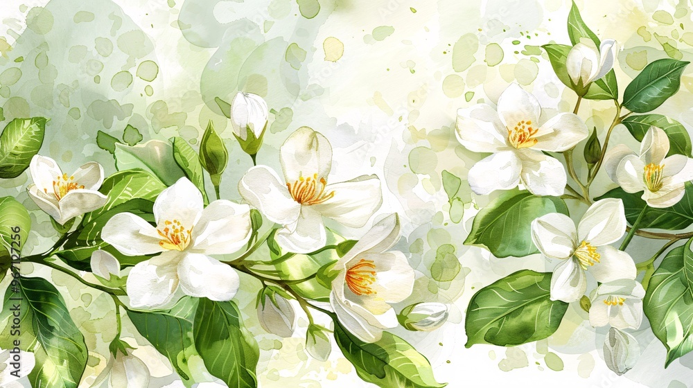 Obraz premium 131. Intricate watercolor illustration of jasmine flowers, perfect for creating elegant patterns, invitations, and greeting card designs with its white petals and green leaves