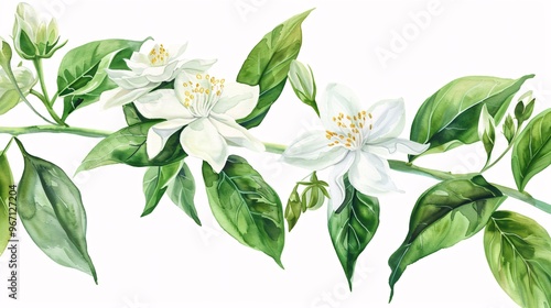 130. Beautiful jasmine flower watercolor illustration, designed for patterns, invitations, and greeting cards, showcasing the gentle white petals and rich green foliage