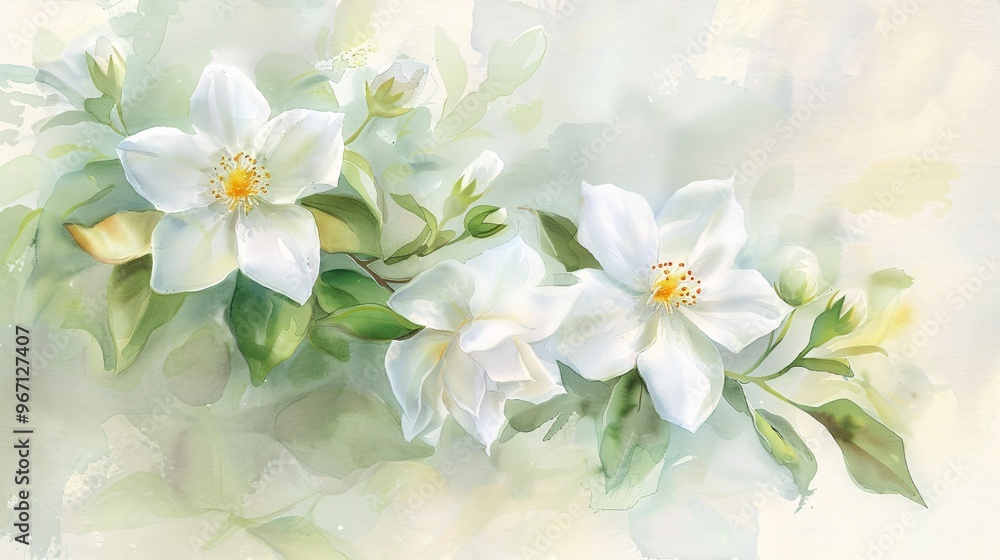Obraz premium 132. Delicate jasmine flower watercolor illustration, suitable for patterns, invitations, and greeting card designs, highlighting the soft white blooms and detailed green foliage