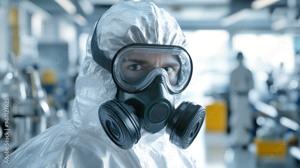 A lab worker dons an advanced hazmat suit and gas mask, focusing on critical tasks amid advanced scientific equipment in a safe work environment A lab worker dons an advanced hazmat suit and gas mask, focusing on critical tasks amid advanced scientific equipment in a safe work environment