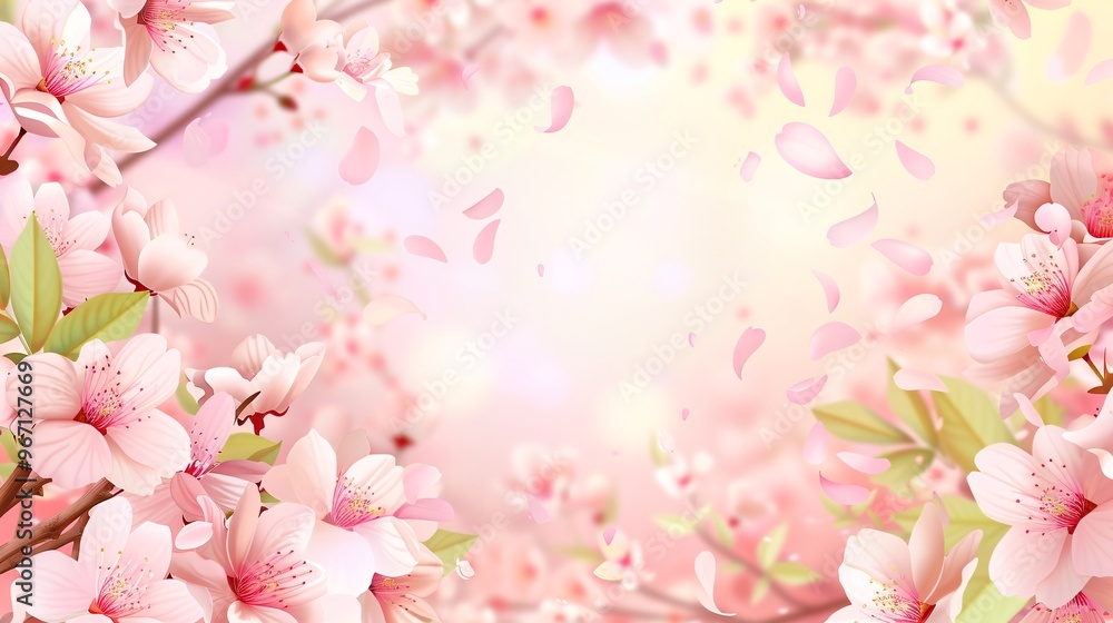 136. Detailed background with cherry blossoms in full bloom, forming a natural frame with their soft pink petals and green leaves 136. Detailed background with cherry blossoms in full bloom, forming a natural frame with their soft pink petals and green leaves