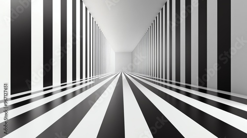 Abstract black and white interior with striped walls and floor creating a modern, minimalist perspective.