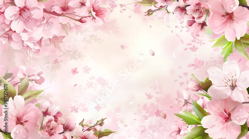 136. Detailed background with cherry blossoms in full bloom, forming a natural frame with their soft pink petals and green leaves