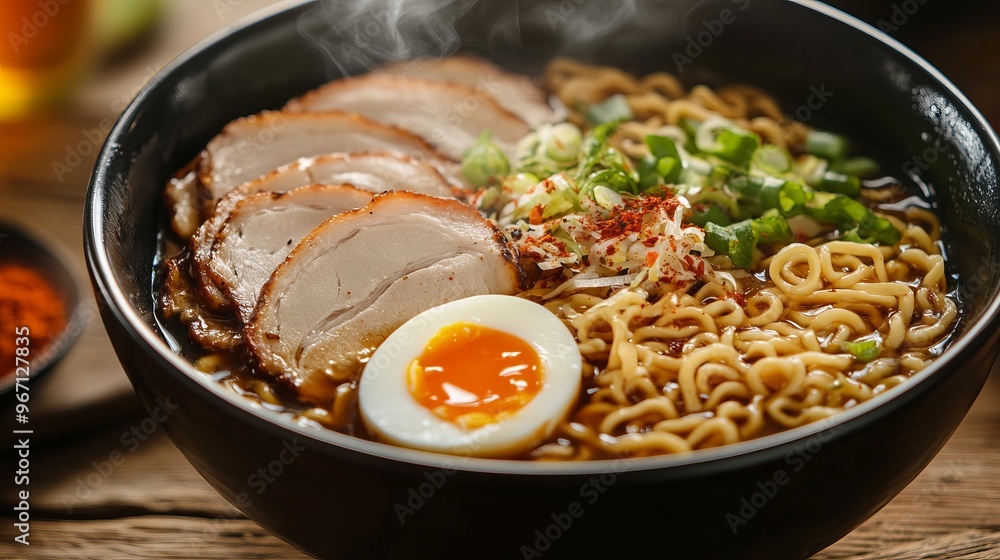 A bowl of steaming ramen noodles topped with pork slices, eggs, and vegetables, served in a rustic wooden table setting. A bowl of steaming ramen noodles topped with pork slices, eggs, and vegetables, served in a rustic wooden table setting.