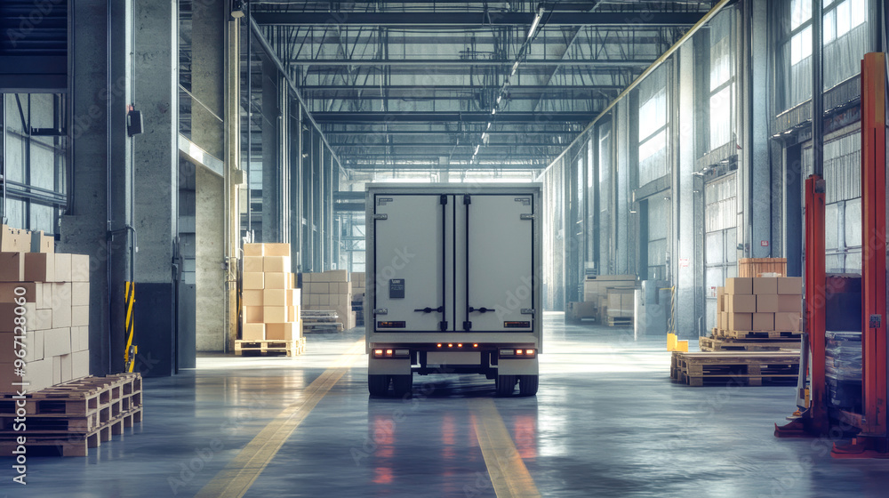 A spacious warehouse comes alive as a truck with its doors open engages in loading and unloading activities, amidst rows of boxes and pallets A spacious warehouse comes alive as a truck with its doors open engages in loading and unloading activities, amidst rows of boxes and pallets