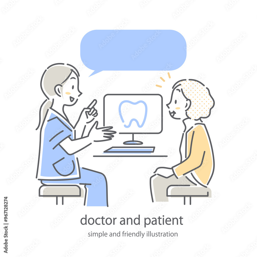 医師から説明を受けるシニア女性患者　シンプルでお洒落な線画イラスト