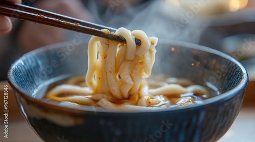 A close-up of udon noodles being swirled around chopsticks with a soy sauce base broth photo