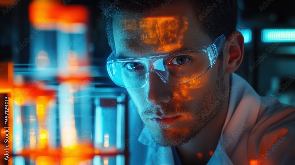 Close-up Portrait of a Scientist in a Laboratory with Goggles Close-up Portrait of a Scientist in a Laboratory with Goggles