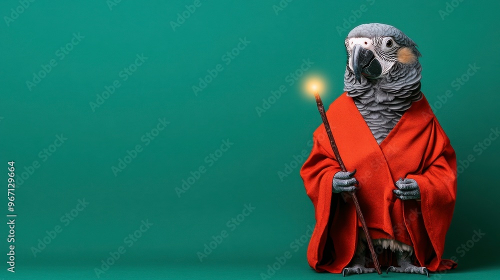 A whimsical parrot dressed in a red robe, standing against a green background, creating a playful and serene atmosphere. A whimsical parrot dressed in a red robe, standing against a green background, creating a playful and serene atmosphere.