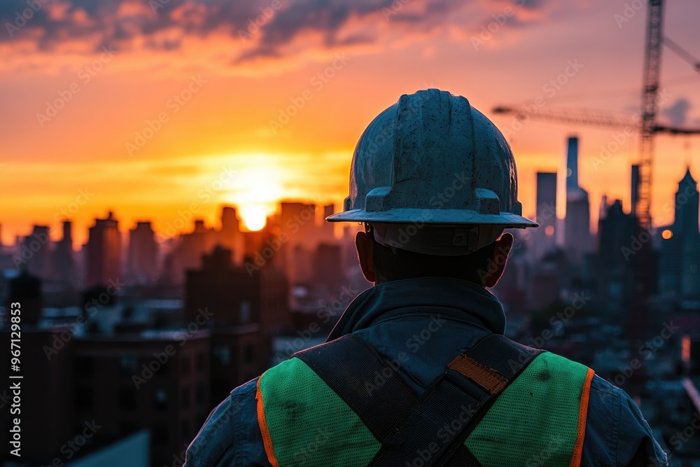 Construction Worker Facing Sunset over Cityscape Construction Worker Facing Sunset over Cityscape