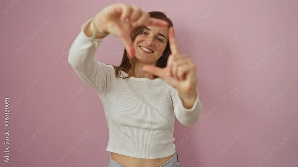 Woman smiling over isolated pink background, young blonde standing, making frame with hands and fingers, happy concept of photography, creativity and framing, focusing on photo face Woman smiling over isolated pink background, young blonde standing, making frame with hands and fingers, happy concept of photography, creativity and framing, focusing on photo face
