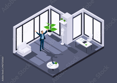 Isometric characters. Rent of premises for small businesses. An entrepreneur enjoys his office and its interior