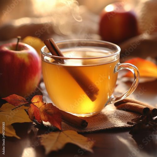 A glass of cinnamon apple cider served in a cozy autumn setting, with fall leaves and apples as decorations,  concept of seasonal drinks, autumn and cold time and traditional cousine photo