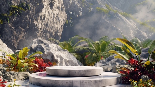 : A contemporary podium crafted from polished concrete, set against a rocky mountain with vibrant tropical foliage and an abstract, dynamic background.