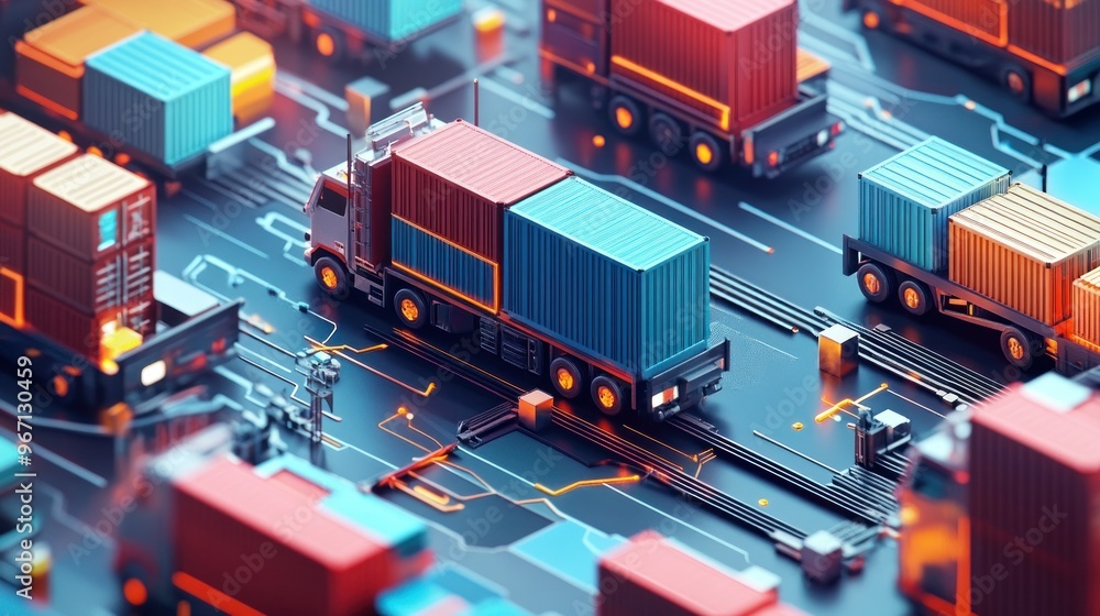 Cargo Trucks Navigating a Futuristic Cityscape with Glowing Circuitry Cargo Trucks Navigating a Futuristic Cityscape with Glowing Circuitry