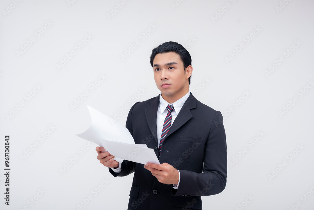 A young asian business executive looking worried while reading paper documents containing lawsuits brought upon him. Isolated on a white background. A young asian business executive looking worried while reading paper documents containing lawsuits brought upon him. Isolated on a white background.