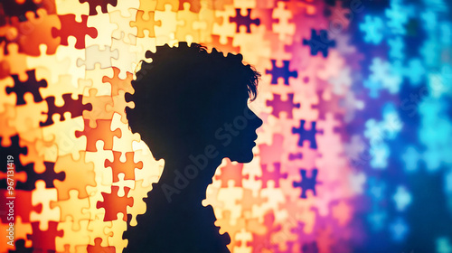 A silhouette of a person stands thoughtfully before a colorful wall of puzzle pieces, immersed in cinematic lighting and vibrant bokeh