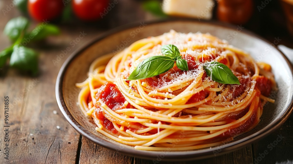 A plate of Italian spaghetti with marinara sauce, garnished with parmesan cheese and basil, on a rustic wooden table