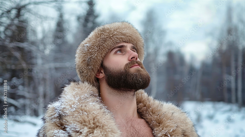 A bearded man adorned in a fur hat and a warm sheepskin coat stands in the snowy taiga, looking thoughtfully towards the sky amidst the serene winter landscape A bearded man adorned in a fur hat and a warm sheepskin coat stands in the snowy taiga, looking thoughtfully towards the sky amidst the serene winter landscape