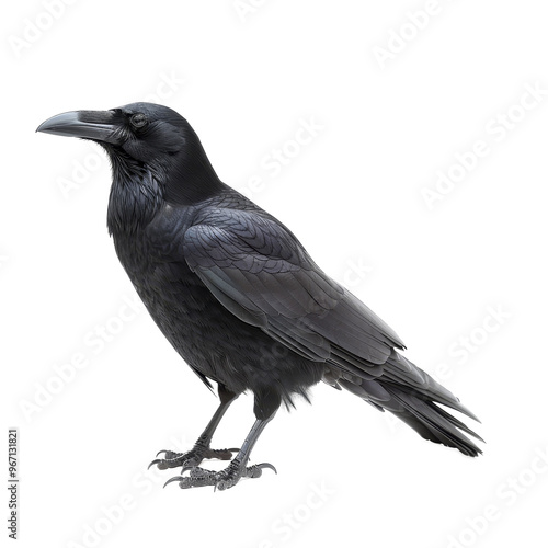 A detailed close-up of a raven perching on a flat surface, showcasing its glossy black feathers and keen expression in natural light