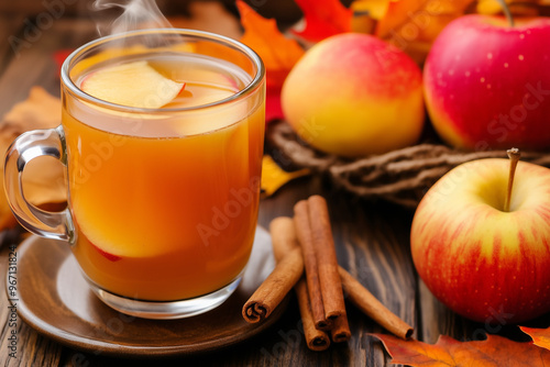 A glass of cinnamon apple cider served in a cozy autumn setting, with fall leaves and apples as decorations, concept of seasonal drinks, autumn and cold time and traditional cousine