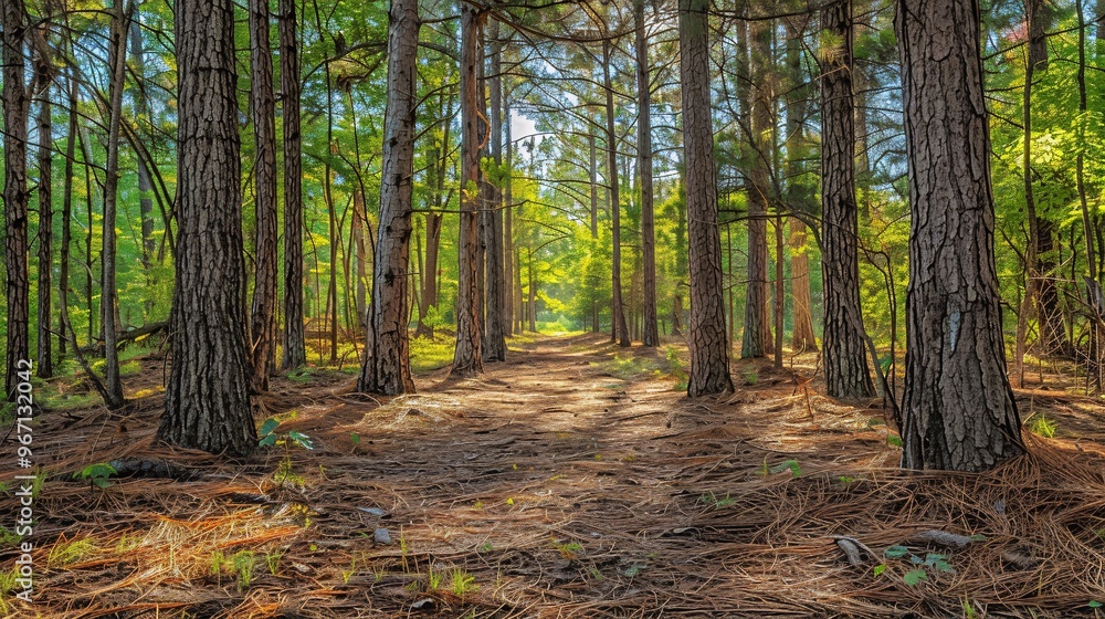 3. An undisturbed, bare forest ground with a mixture of dirt, pine needles, and twigs, framed by towering trees and dappled sunlight filtering through the branches 3. An undisturbed, bare forest ground with a mixture of dirt, pine needles, and twigs, framed by towering trees and dappled sunlight filtering through the branches