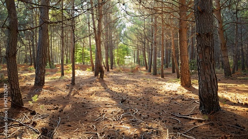 3. An undisturbed, bare forest ground with a mixture of dirt, pine needles, and twigs, framed by towering trees and dappled sunlight filtering through the branches