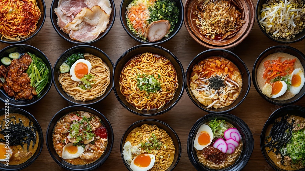A variety of noodle dishes on a dining table: ramen, pad thai, and spaghetti, with diverse toppings and sauces A variety of noodle dishes on a dining table: ramen, pad thai, and spaghetti, with diverse toppings and sauces
