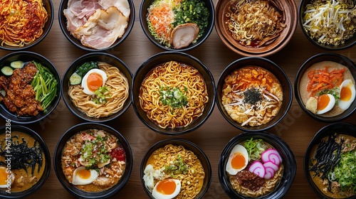 A variety of noodle dishes on a dining table: ramen, pad thai, and spaghetti, with diverse toppings and sauces