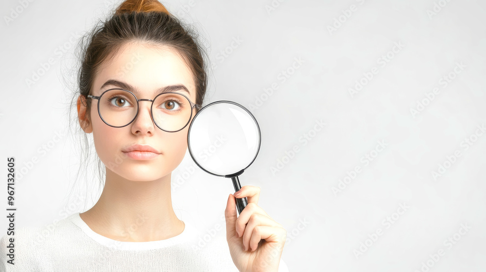 With focused eyes, a woman holds a magnifying glass near a search bar, inviting viewers into a world of discovery and attention to detail against a bright background With focused eyes, a woman holds a magnifying glass near a search bar, inviting viewers into a world of discovery and attention to detail against a bright background