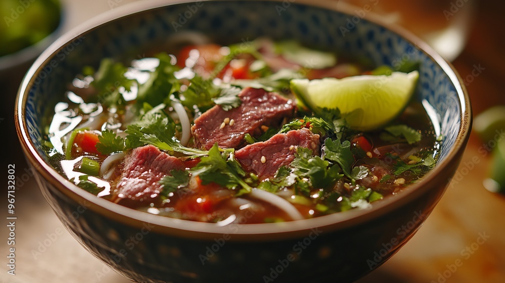 A vibrant bowl of Vietnamese pho with fresh herbs, lime wedges, and beef slices served in a traditional bowl. A vibrant bowl of Vietnamese pho with fresh herbs, lime wedges, and beef slices served in a traditional bowl.