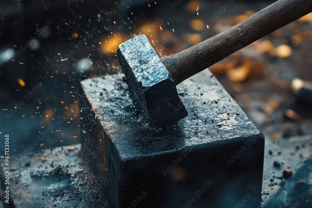 A Blacksmith's Hammer Striking a Metal Anvil, Sparks Flying A Blacksmith's Hammer Striking a Metal Anvil, Sparks Flying