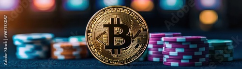 A digital coin sits prominently among colorful gambling chips, symbolizing the fusion of cryptocurrency and gaming.