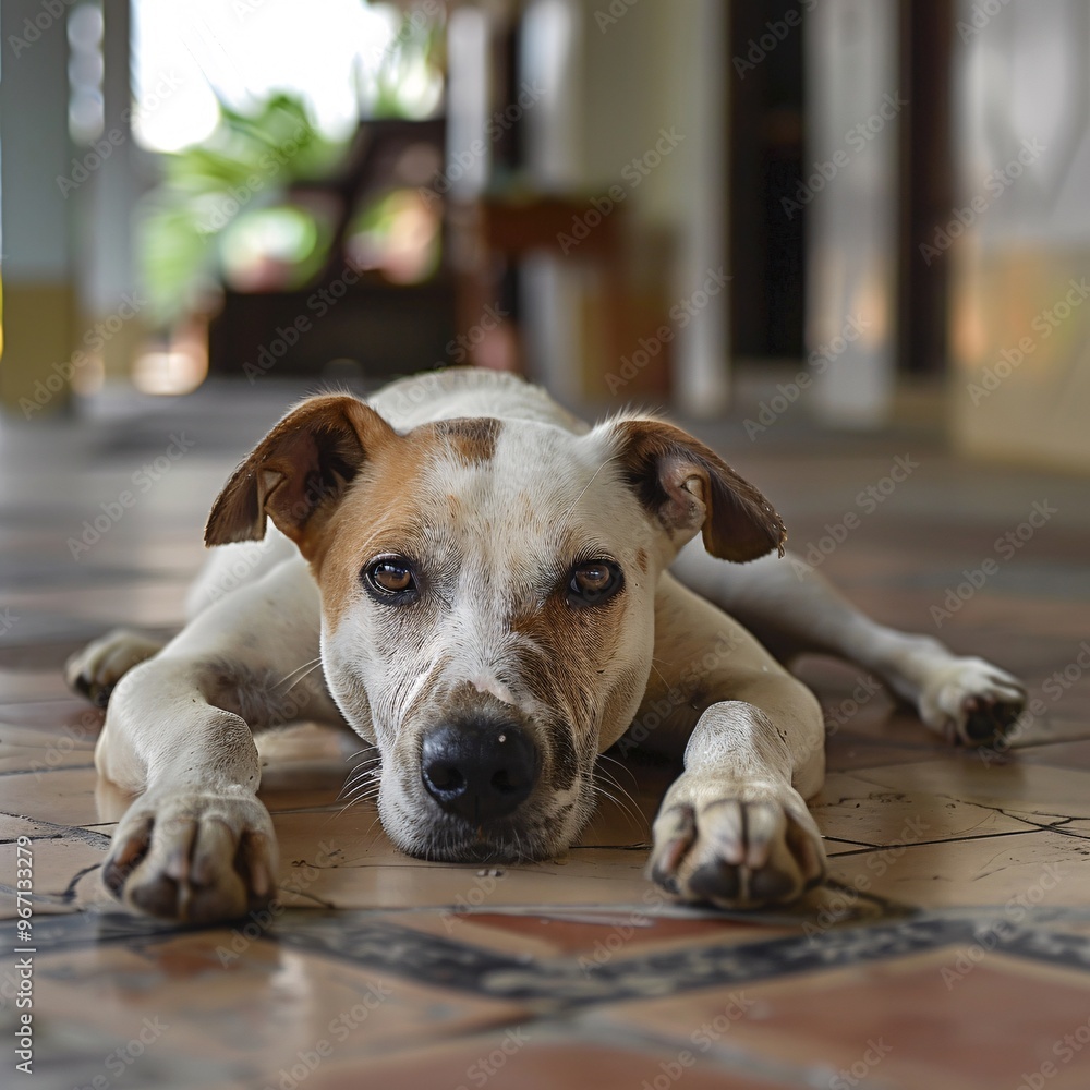 19. Concept: Thai bangkaew dogs lie on the floor and use their hind legs to scratch their mouths due to itching. A dog white with brown spots, brown eyes, black nose, and front legs larger than the 19. Concept: Thai bangkaew dogs lie on the floor and use their hind legs to scratch their mouths due to itching. A dog white with brown spots, brown eyes, black nose, and front legs larger than the