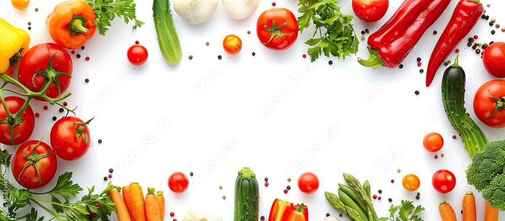 Fresh vegetables creatively arranged in a frame on a white background suitable for a copy space image Fresh vegetables creatively arranged in a frame on a white background suitable for a copy space image