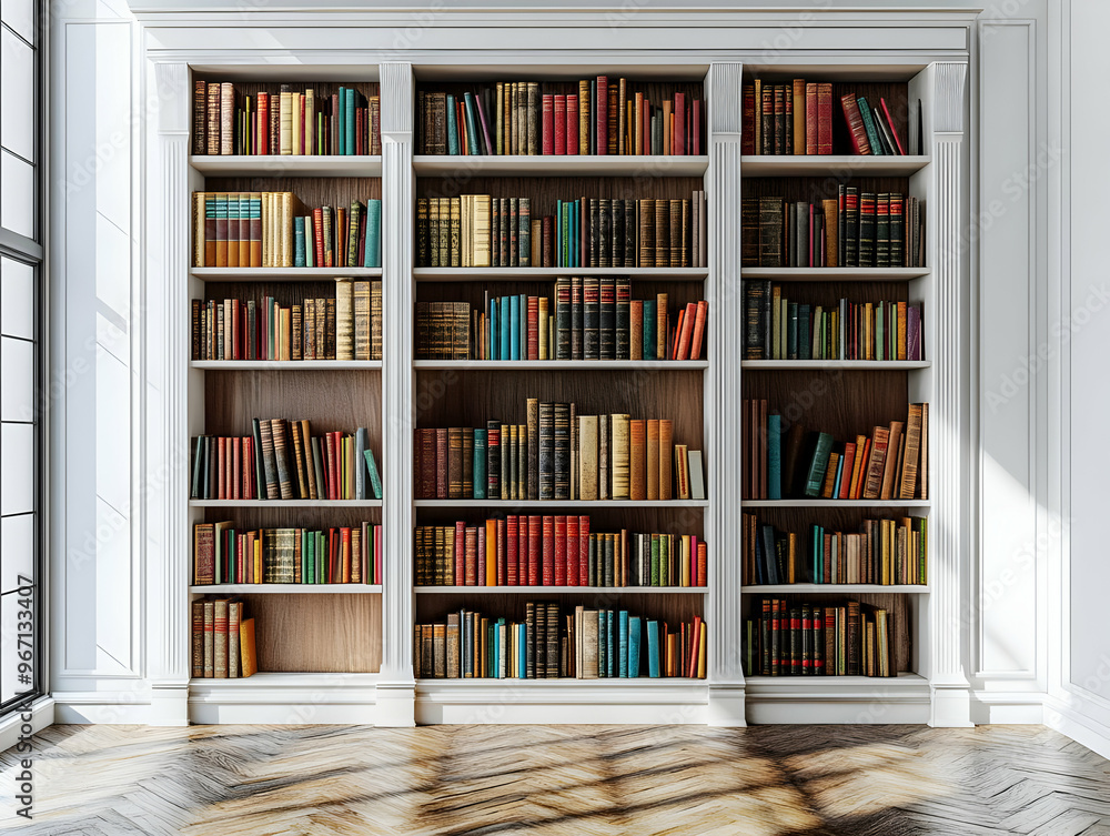 Classic Home Library with White Bookshelves and Hardwood Floors Classic Home Library with White Bookshelves and Hardwood Floors